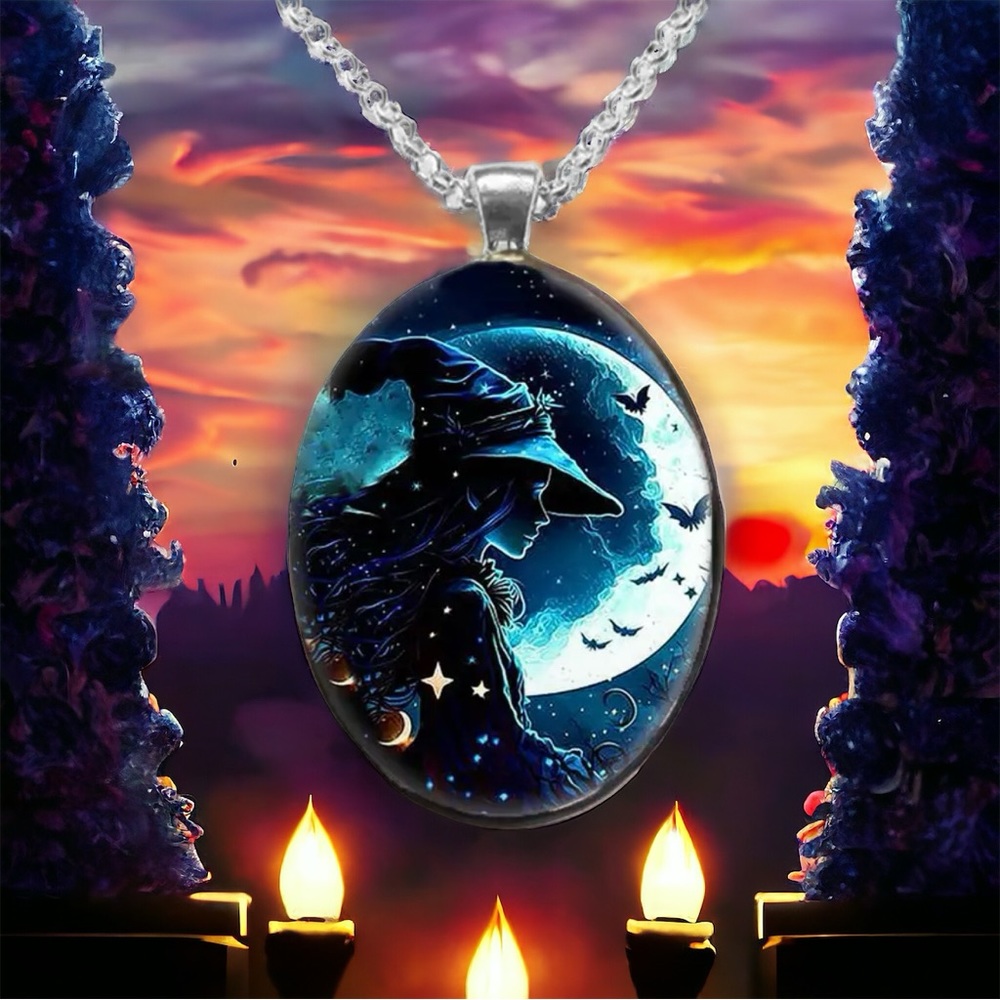 Gothic Aesthetic Oval Witch Avatar‎ Zinc Alloy Necklace  Trendy Silver Plated